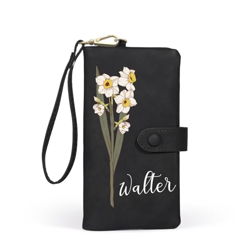 Personalized Wallet for Women Custom Birth Flower & Name Wristlet Women Wallets Leather Purse for Women Card Holder Wallet Gifts for Women Mom (Black)