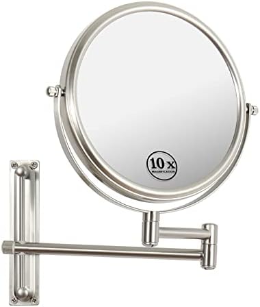 Wall Mounted Makeup Mirror, 10X Wall Mounted Magnifying Mirror Adjustable Height Double-Sided Mirrors for Bathroom Vanity, Round Shape (Brush Nickel)