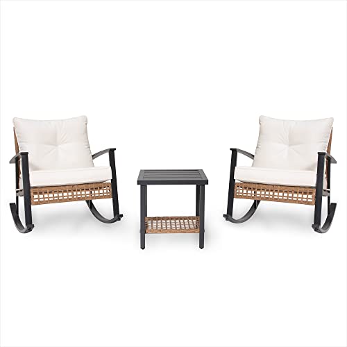 Lausaint Home 3 Pieces Rocking Bistro Set, Outdoor Patio Furniture Set With Thick Cushions And 2-Tier Coffee Table, Oversize Rattan Conversation Sets For Garden, Balcony, Backyard (Beige) #TOP7