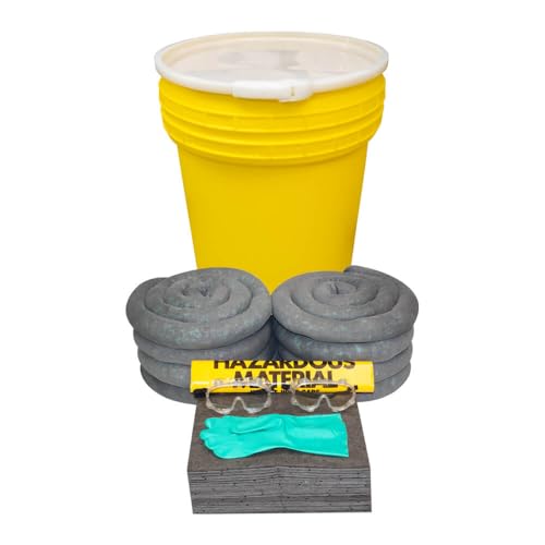 SpillKit.com 55-Gallon Spill Kit, Universal/Oil-Only/Hazmat, Yellow Drum, Lever-Lock Closure, Absorbents, UN/DOT Rated, 25 Gallon Absorption (Universal)