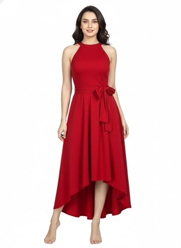 Image of Women Fit & Flare High Low Midi Dress | Sleeveless Round Neck One Piece Dress with Waist Tie Detail | Flowy Western Dress for Party and Casual Styling