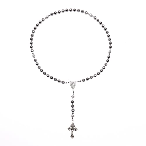 Image of Nazareth Store Hematite Rosary Black Stone Beads Necklace Metal Beaded Silver-Plated Medal & Cross for Men NS