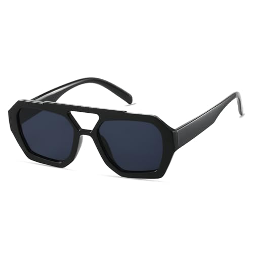 Image of Xpectrum Retro Trendy Aviator Sunglasses for Womens Mens Vintage Hexagonal Square Double Bridge Sun Glasses X9666 (Black), 65mm