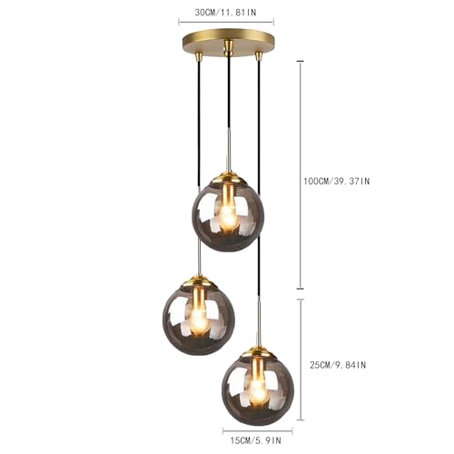 Modern Globe 3 Pendant Lights, Glass Ball Pendant Lighting for Kitchen Island Dining Room Bedroom Farmhouse Pendant Lighting Fixtures, Ceiling Hanging Light (Smoke Gray) - Image 3