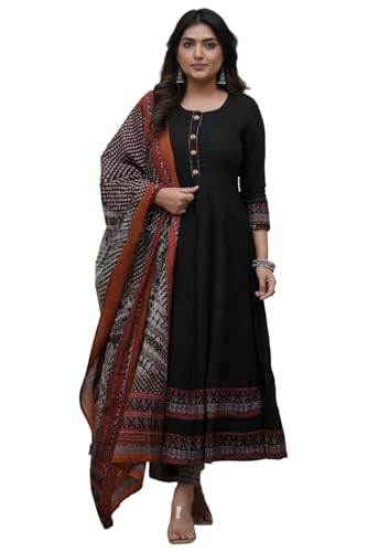 Image of ANNI Designer Women's Rayon Viscose Printed Anarkali Kurta with Pant & Dupatta | Long Flared Ethnic Kurta Set for Women | Festive, Party & Traditional Indian Wear