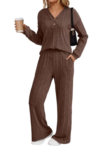 Dokotoo 2 Piece Lounge Sets for Women Ribbed Knit Button V Neck L...