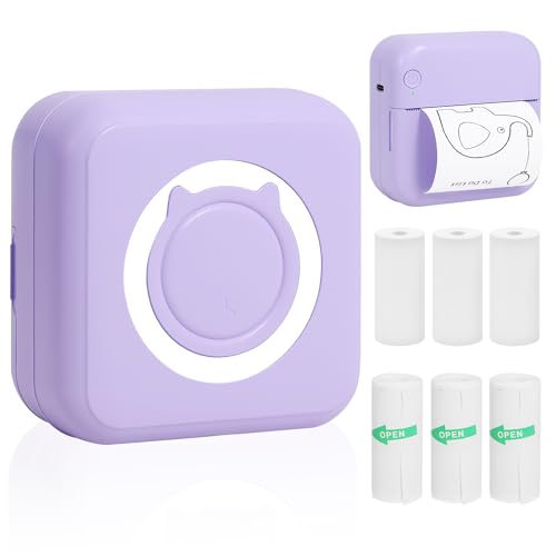 Mini imprimante thermique portable Bluetooth pourpre avec 6 rouleaux de papier