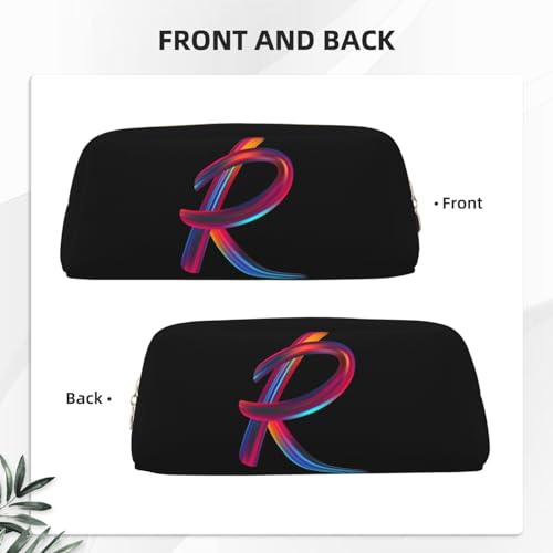 Image of Cute Initial Pencil Case for Kids Simple Leather Pencil Pouch for Boys Girls Letter Design Pencil Box Pen Bag Pencil Pouch Office Stationery Organizer, Rainbow Letter R