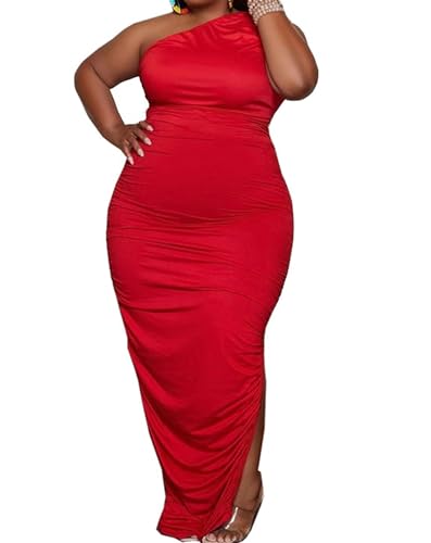 Image of Womens Sexy Plus Size One Off Shoulder Sleeveless Bodycon Ruched Evening Pencil Party Maxi Dresss