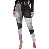 Yokbeer Stretchy Patchwork Jeans Damen Trendy Elastische Taille Zweifarbige Jeans Denim Hosen (Color : Black, Size : M)