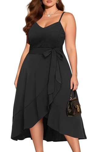 Image of Pinup Fashion Plus Size Cocktail Party Wedding Guest Semi Formal Midi Dress | Sexy V-neck, adjustable spaghetti strap, belted waist, fit and flare, flowy high-low ruffle hem, ideal for prom, homecoming