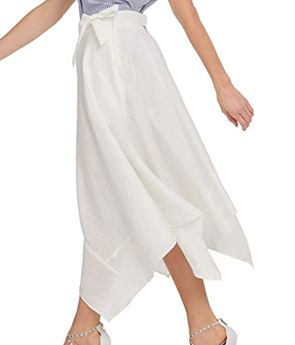 DKNY Womens Belted Linen Asymmetrical Skirt, Off-White, 62
