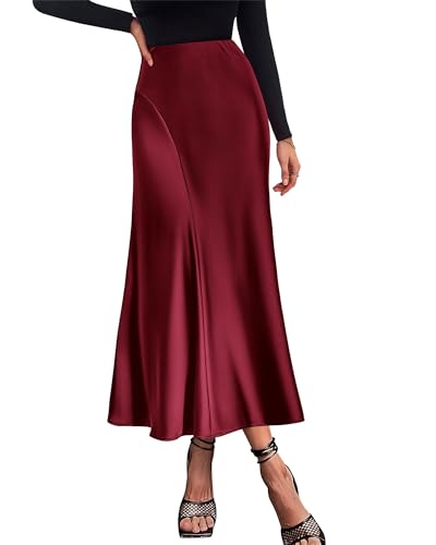 Image of KIRUNDO Women's Satin Maxi Skirt 2026 Summer Fall Trendy High Waisted Wedding Cocktail Party Work Silk A-Line Formal Skirts