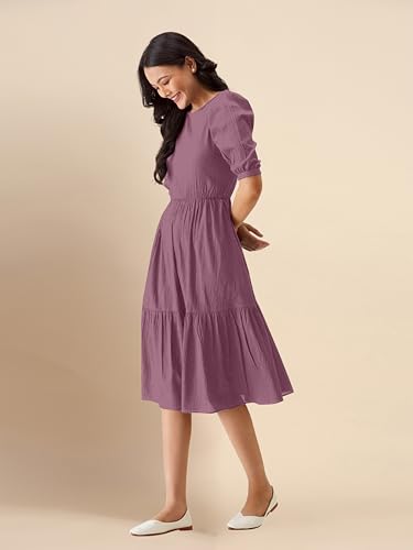 Image of TRENDMALLS Dress for Women Cotton Blend Round Neck Half Puff Sleeve Flared Pleated Midi Western Dress