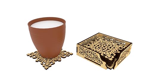 Image of 12 FOX Wooden Tea Coaster Yellow Textured Wood Handcrafted Coasters Home Kitchen for Tea & Coffee Table Decor Set of 6 |9.5x9.5cm TCCOST017B