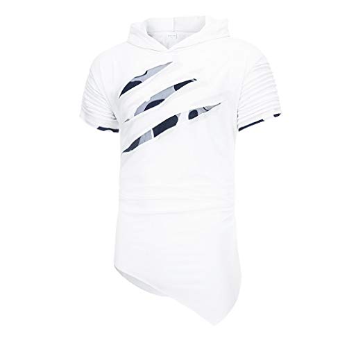 Letdown_Men tops Hooded Shirts for Men Short Sleeve Scratch Zipper Pattern Casual Slim Fit T-Shirts Mens Fashion Summer Shirt White