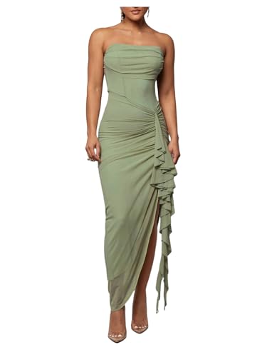 Robe longue moulante froncée Floerns avec volants et fente élégante