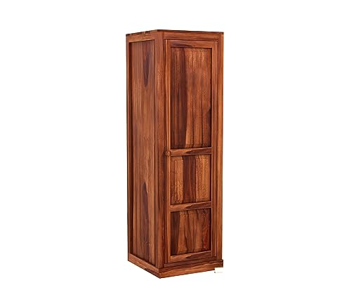 Image of Sheesham Wood Wooden Single Door Wardrobe Organizer for Clothes | - Solid Wood Almirah with 2 Drawers, 2 Shelves with Hanging Space - Cupboard for Large Bedroom (Design 3)
