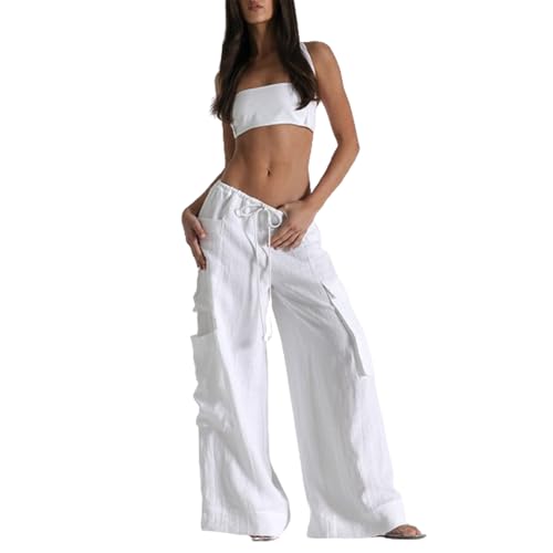 Yoawdats Women's Y2k Cotton Linen Wide Leg Pants Casual Summer Drawstring Low Waist Cargo Pants Beach Trousers with Pockets