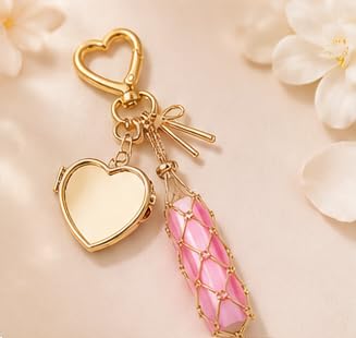 Image of Indiana Y2K Metal Lipstick Holder with Touch Up Mirror, Golden Heart-Shaped Clasp Design Portable Makeup Lipstick Balm Organizer Chic Bag Link Charm Accessories