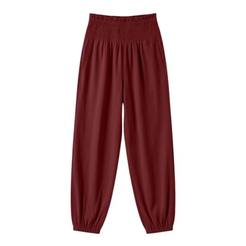 Pantalon bombé en lin uni à taille élastique souple et respirante
