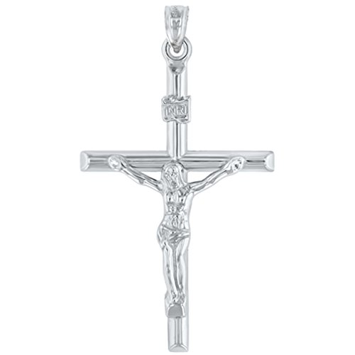 Jewelry America 14K White Gold INRI Crucifix Tubular Simple Polished Cross Pendant
