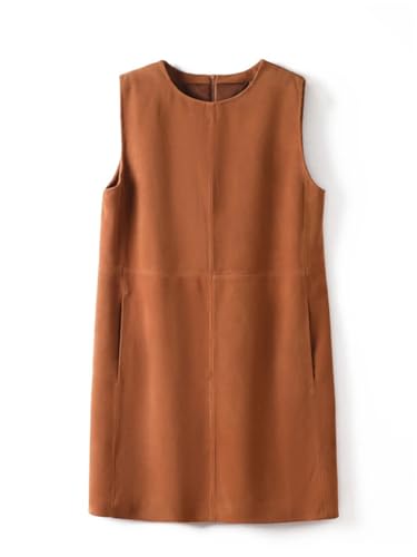 Women Suede Leather Dress Round Neck Genuine Leather Straight Versatile Tank Top Mini Skirts Suede Yellow Brown XL steampunk buy now online Women Suede Leather Dress Round Neck Genuine Leather Straight Versatile Tank Top Mini Skirts Suede Yellow Brown XL steampunk buy now online