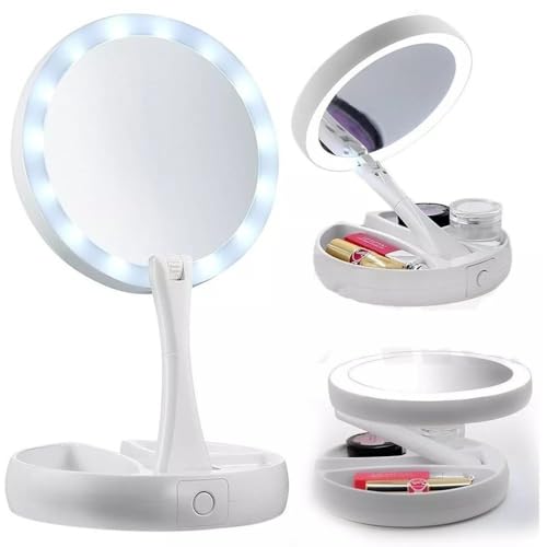 Espelho Facial de Mesa Articulável Espelho de Camarim com Luz de Led Dupla Face 10x de Zoom Portátil