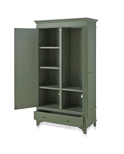 Image of APRODZ Mango Wood 2 Door Wardrobe for Bedroom Living Room | Wooden Almirah with 1 Drawer, Hanging Rod & Shelves | Modular Clothes Cupboard, Storage Organizer Cabinet Furniture for Home (Khaki Green)