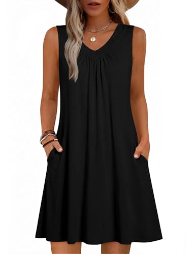 Image of Zeagoo Summer Dresses for Women 2026 Sleeveless Dress V Neck Tank Dress Pleated Floral Tshirt Sundresses with Pockets