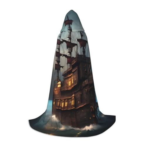 KLJnmbb Capa con capucha con estampado de barco pirata de fantasía, para adultos, adolescentes y niños, capa de mago, bata, Halloween, carnaval, cosplay
