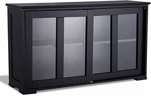 Kitchen Stackable Storage Cabinet with Height Adjustable Shelves & Glass Sliding Doors, Cupboard Server Buffet Console Sideboard, Black