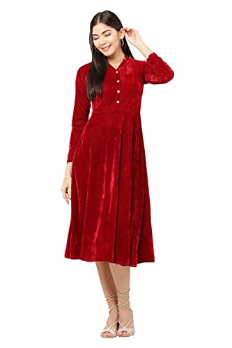 Image of Women's Midi Velvet Short DressWith Band Collar and Sleeve