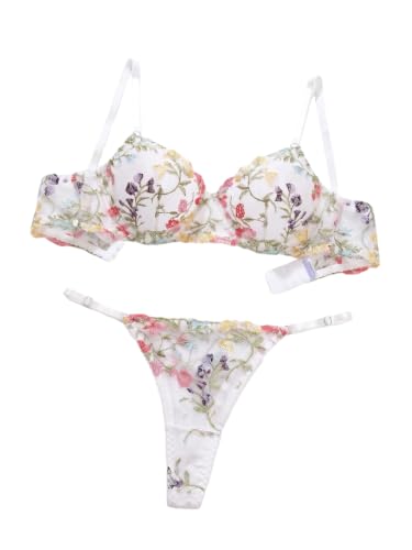 Image of Sexy Floral Embroidered Flower Mesh Underwire Push Up Lingerie Set