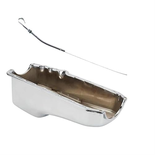 Chrome Steel Oil Pan with 19 Inch Chrome Plated Steel Dipstick, Compatible with1957-79 Small Block Chevy, 7 Inch Pan Depth, Easy to Read Fill Marks