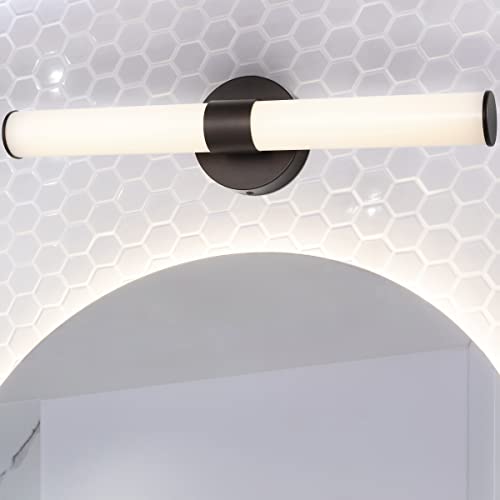 Image of JONATHAN Y 20 inch Oil Rubbed Bronze /White Integrated LED Vanity Light, Mid-Century Modern Iron Sconce with Frosted Acrylic Shade, Dimmable Bathroom Light Fixture for Mirror, 3000K (JYL7119C)