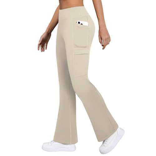 Fleece Lined Leggings Women Winter Flare Thermal Leggings Water Resistant Hiking Cargo Snow Pants with 4 Pockets Khaki Medium