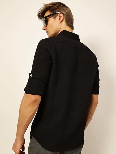 Image of Thomas Scott Men's | Solid | Textured Fabric | Full Sleeve | Slim Fit | Polyester-Blend | Spread Collar | Casual Shirt
