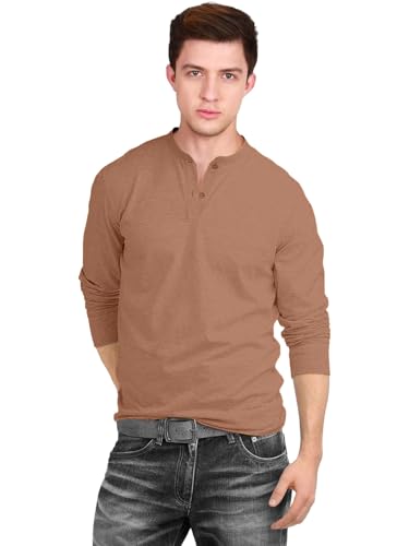 Image of Veirdo Pure Cotton Regular Fit Henley Neck Plain Solid Full Sleeve T-Shirt for Men & Boys (Color Options: Black, Red, Swanwhite, Navy Blue, White, Cork, Green, Maroon, Mustard, Royal Blue)