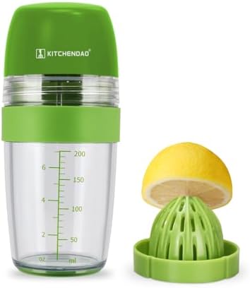 KITCHENDAO 2 in 1 Salad Dressing Shaker with Citrus Juicer, Dripless Pour, Leak-Free, Soft Grip, Anti-Slip Feet, Easy to Clean, Dishwasher Safe, BPA Free Material，250ml (1 Cup)