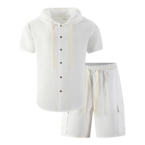 Survêtement jogging homme coton lin : ensemble été 2 pièces short ample et t-shirt capuche