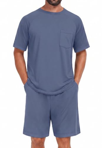 Image of Mens Pajamas Set Lightweight Summer Pjs Sleepwear Soft Comfy Short Sleeve Loungewear With Pocket (S-4X)