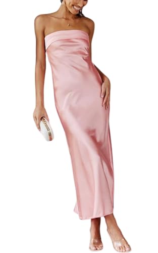 Image of Women Summer Lightweight Satin Maxi Bodycon Dress Strapless Tube Backless Hollow Out Long Party Dress