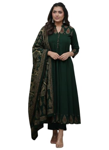 Image of GoSriKi Women's Rayon Viscose Anarkali Printed Kurta Pant with Dupatta | Anarkali Kurta Set for Women | Flared Kurti Pant Set | Ethnic Printed Suit for Women