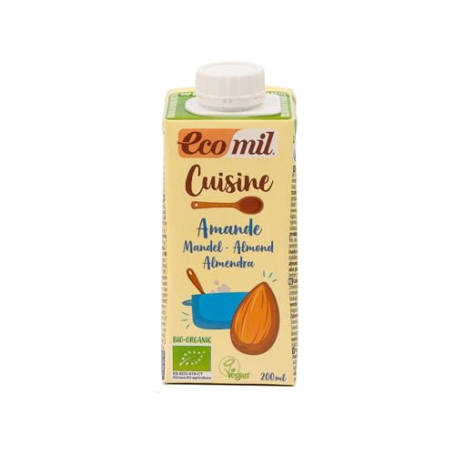 Ecomil - Nata de Almendras para Cocinar, Crema Bio, Salsa de Almendras Vegana, Nata Bio de Almendra, Ingredientes de Agricultura Ecológica - 200 ml