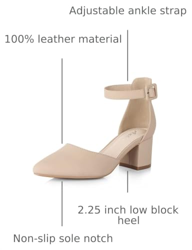 Image of Ankis Closed Toe Heels for Women, 2.25 Inch Low Block Chunky Dress Pumps | Black Nude White Gold Silver Pointed Toe Design, Soft Insole, Adjustable Ankle Strap, Classic Versatile, For Formal Daily