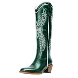GORBINETI Women Pink Cowboy Boots Mid Calf Cowgirl Boots Sky Blue Western Boots Embroidered Suede Pull On Almond Toe Chunky