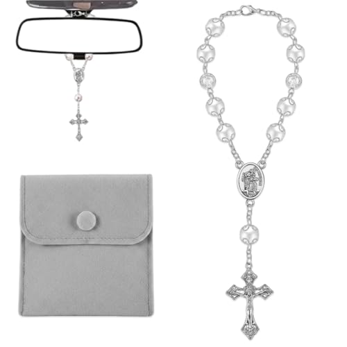 JIRVEX 1 unidad de rosario religioso para coche con colgante de cruz de San Benito en plata, amuleto de la suerte para conductores, decoración para espejo retrovisor, regalo.