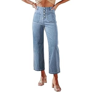 Baggy Jeans Damen High Waist Weit Bein Stretch Gerade Jeanshose Knöpfen Locker Denim Hose mit Taschen