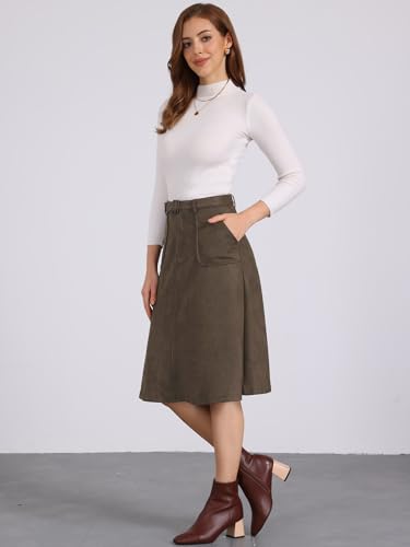 Allegra K Women's Casual Faux Suede Pockets Stretch A-line Midi Skirt with Belt2